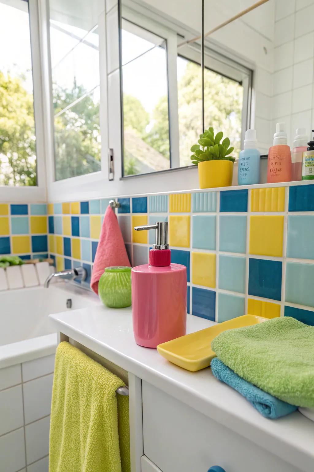 Unanticipated color features introduce excitement to the bathroom design.