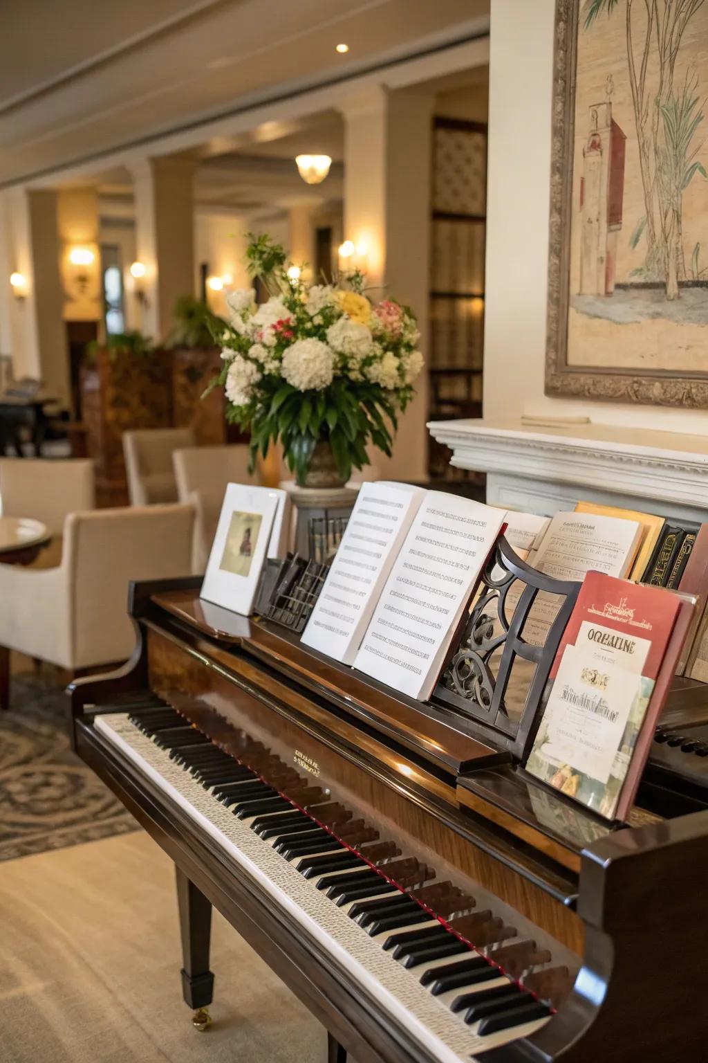 A refined arrangement featuring an upright piano accompanied by neatly organized books and musical scores.