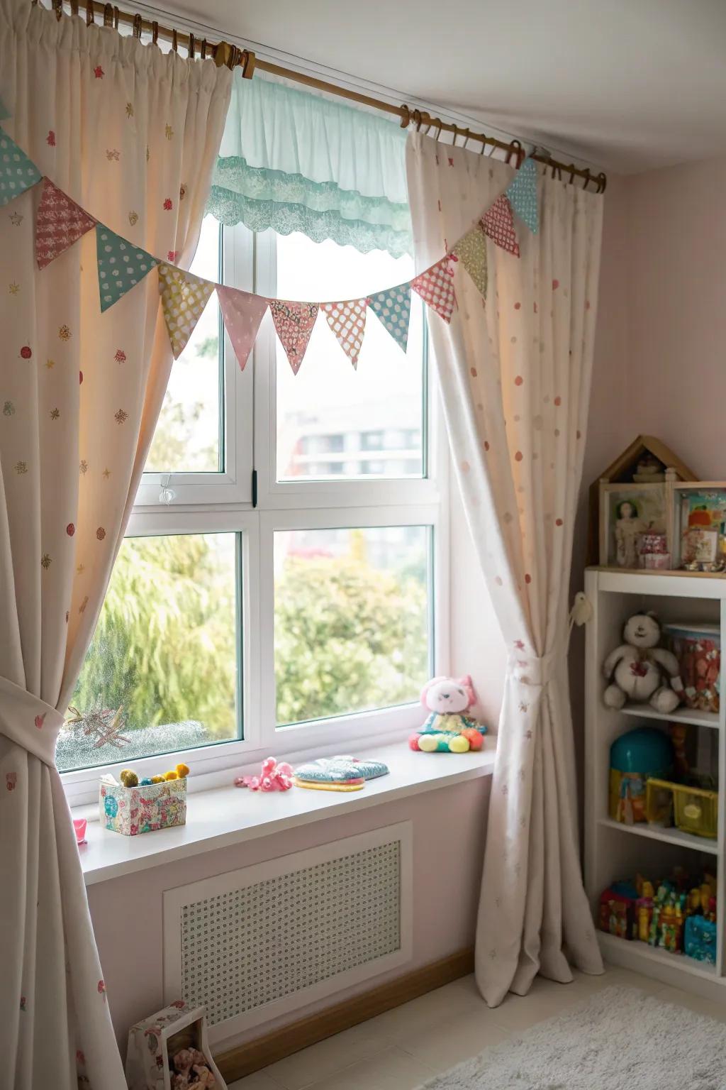 A window displaying an undulating-shaped valance within a playful nursery.