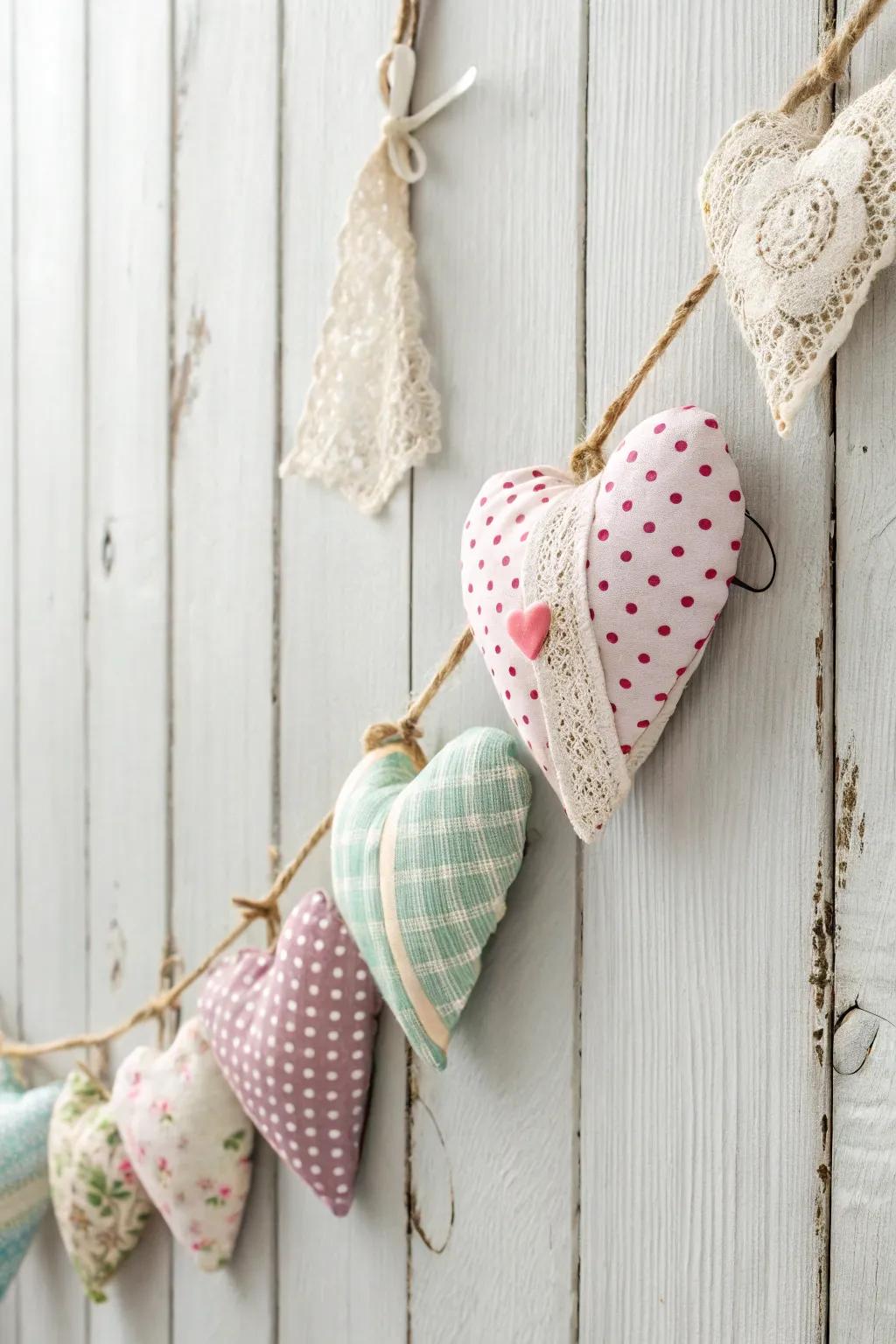 Create a cozy Valentine's ambiance with a handmade fabric heart garland, blending minimalist charm with boho flair.