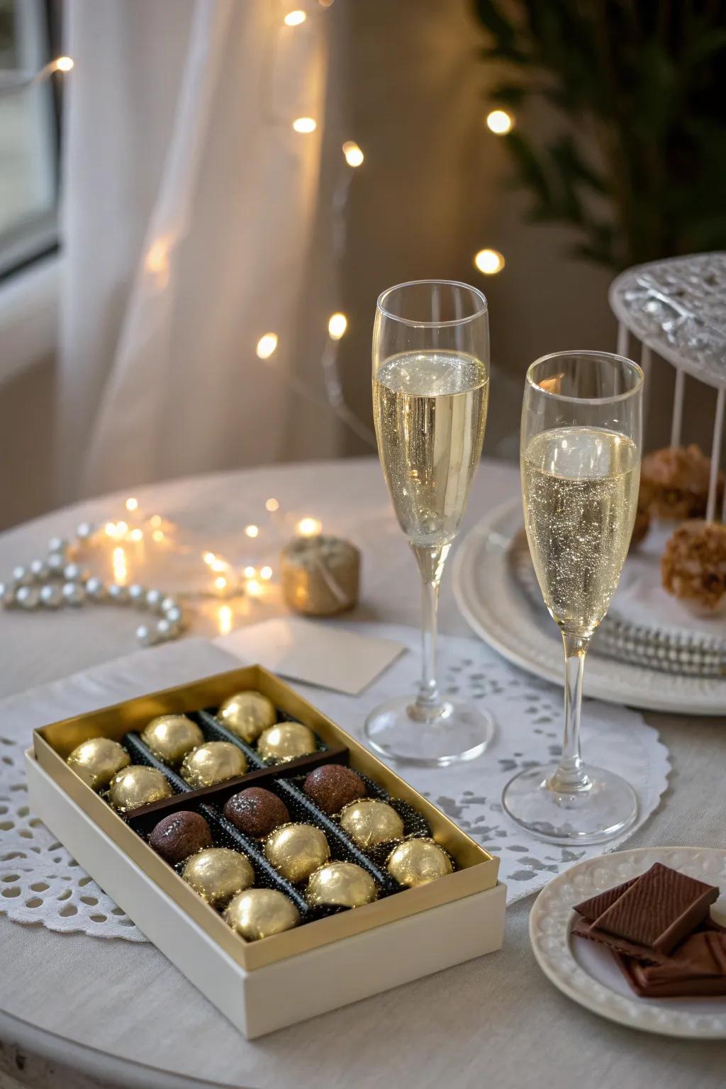 A champagne and chocolate station for a touch of luxury.