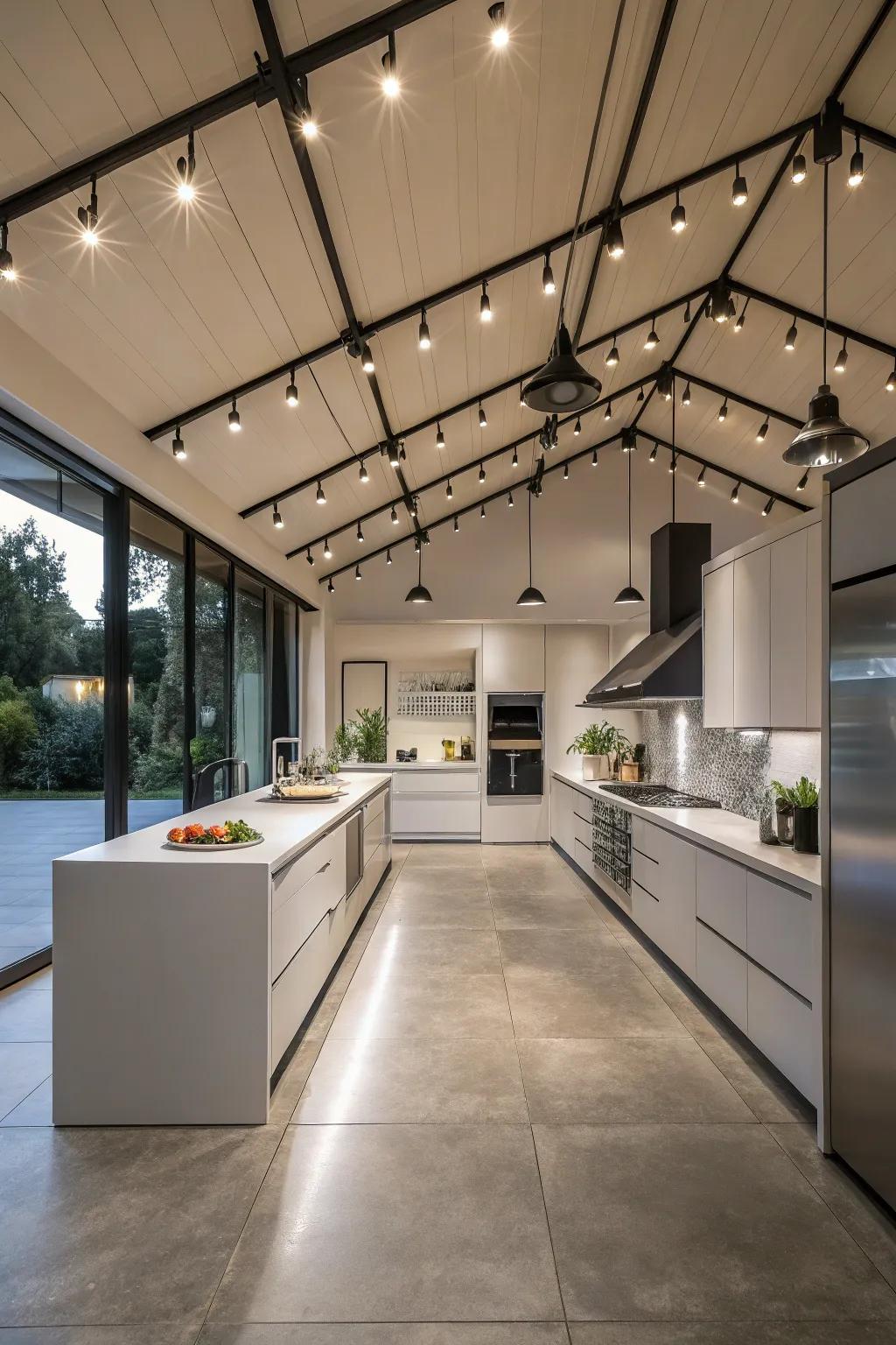 Track lighting provides adaptable illumination for targeted lighting effects.