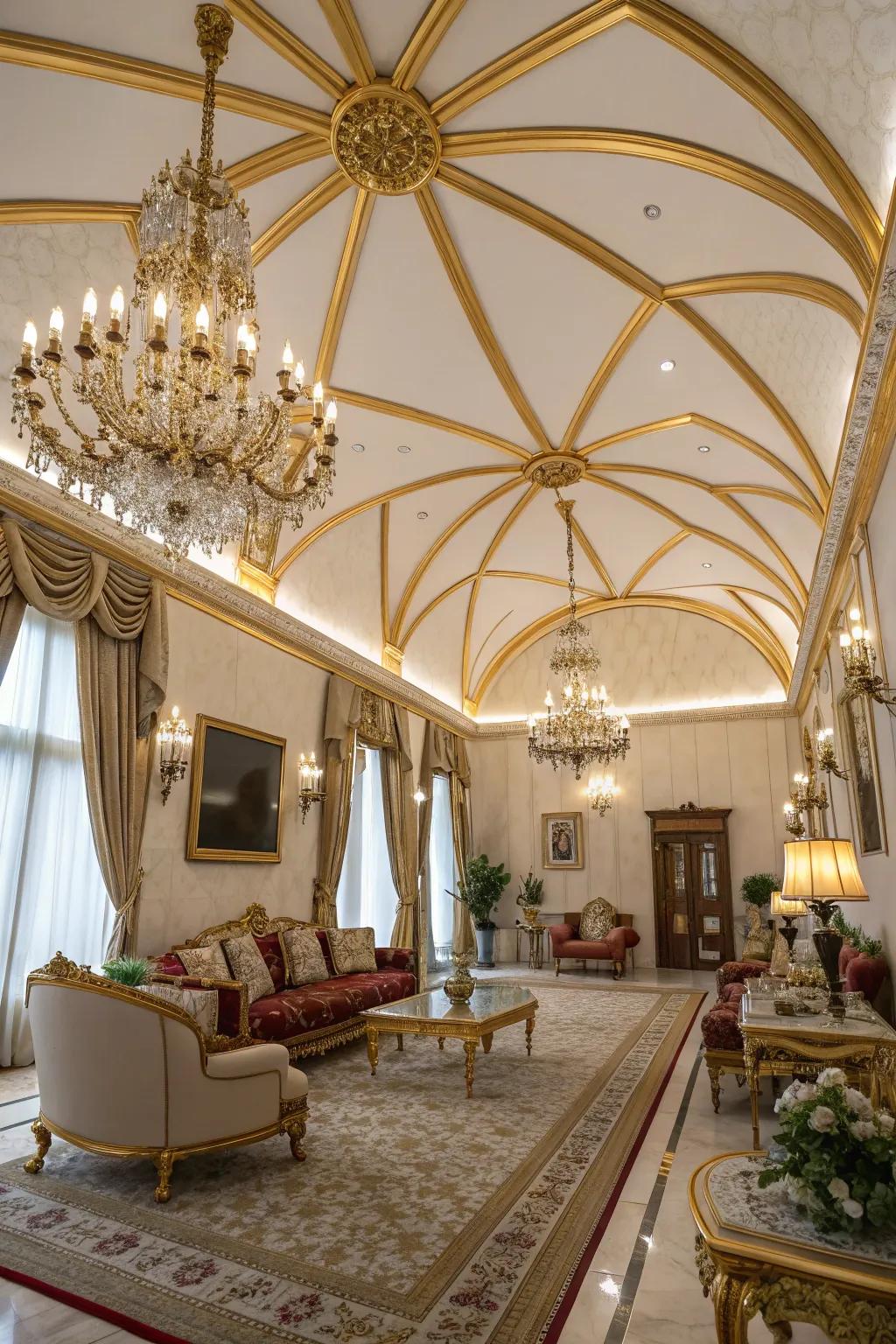 Sophistication is highlighted through luxurious precious metal beams gracing a vaulted ceiling.