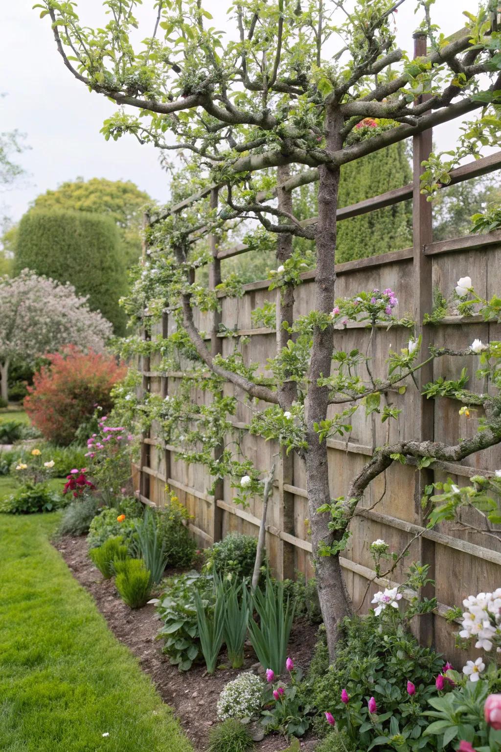 Espaliered fruit trees enhance elegance and productivity.