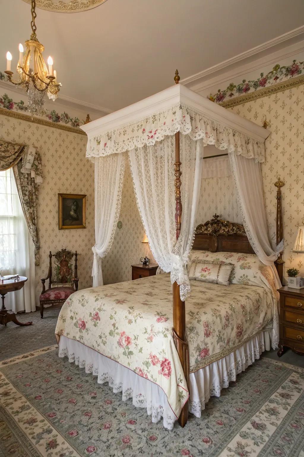 Botanical motifs soften the chamber with Victorian femininity.