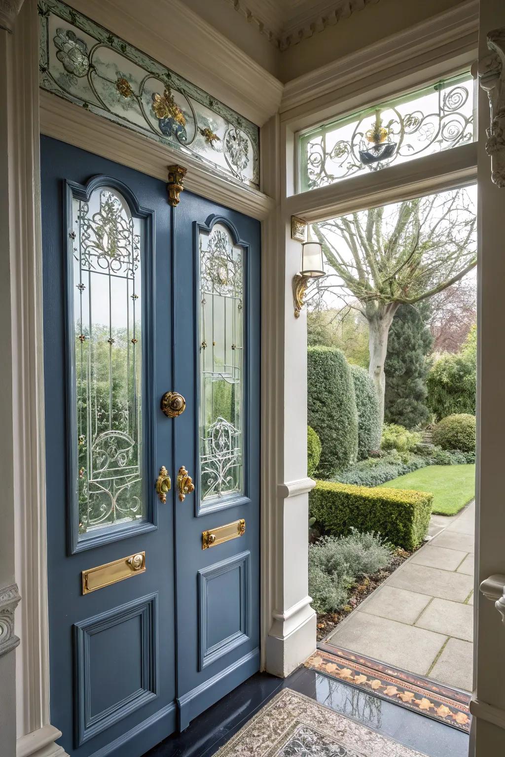 Glass accents enhance the visual appeal of this Victorian door.