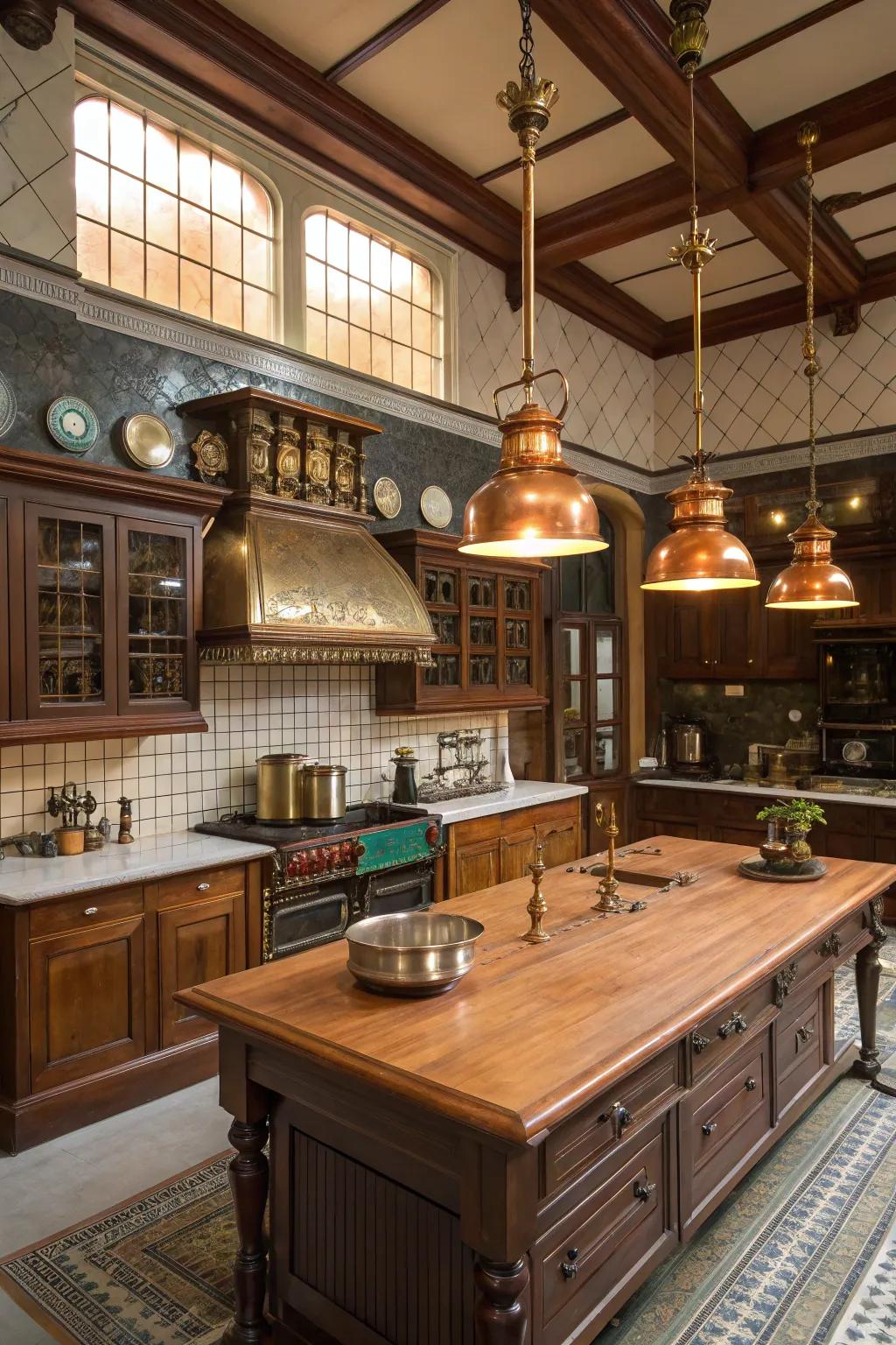 Brass and copper highlights enhance the genuineness of a Victorian cooking area.