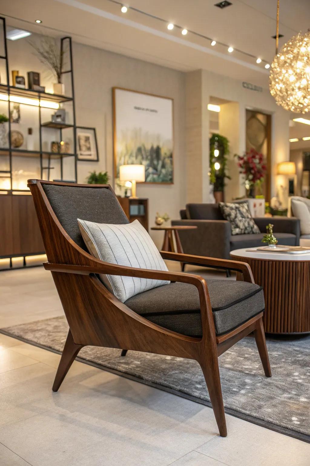 A chair designed in the mid-century modern idiom, imparting a sense of streamlined elegance to a stylish living area.