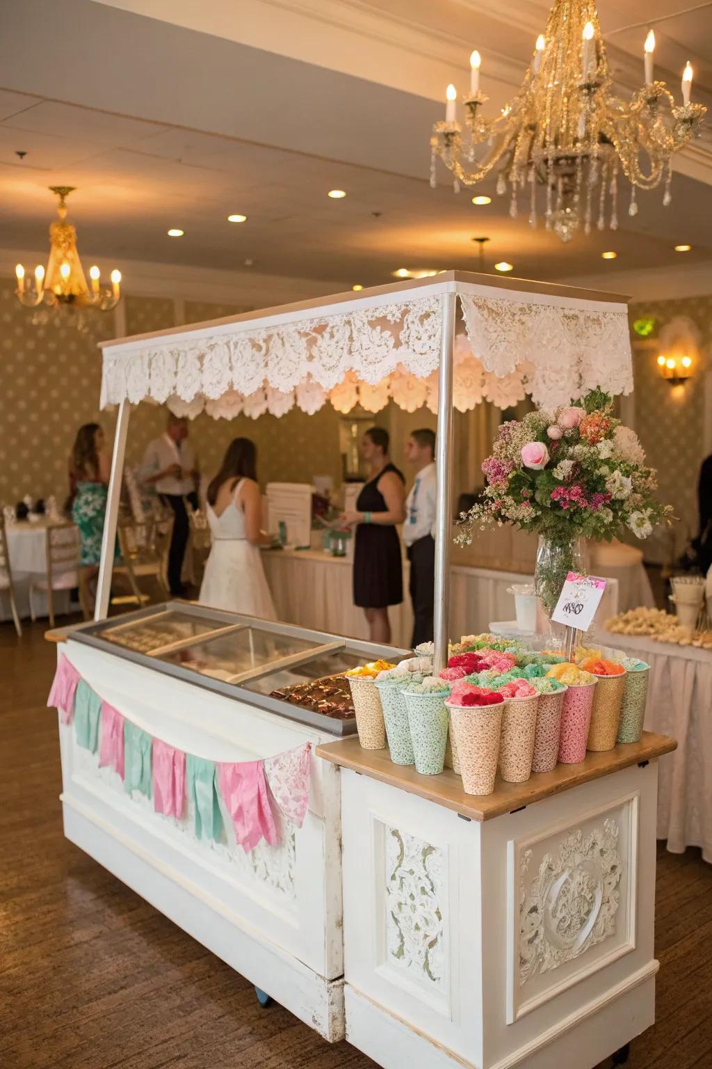 An enchanting heritage frozen dessert station at a wedding reception.