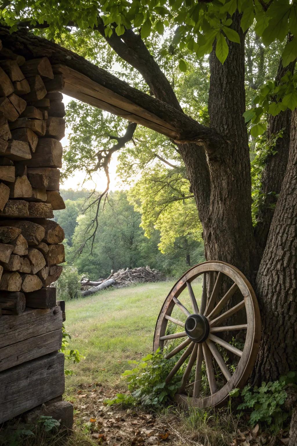 A carriage wheel embedded in piled timber, fashioning a singular window illusion.