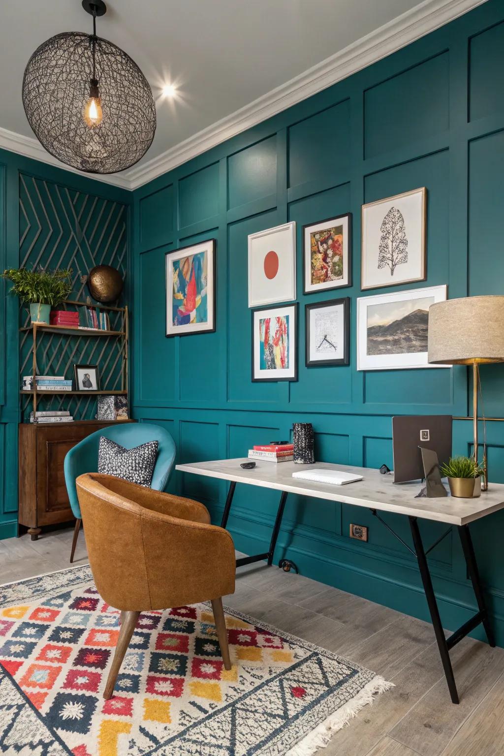 An office ambiance showcasing audacious, vibrant teal paneling.