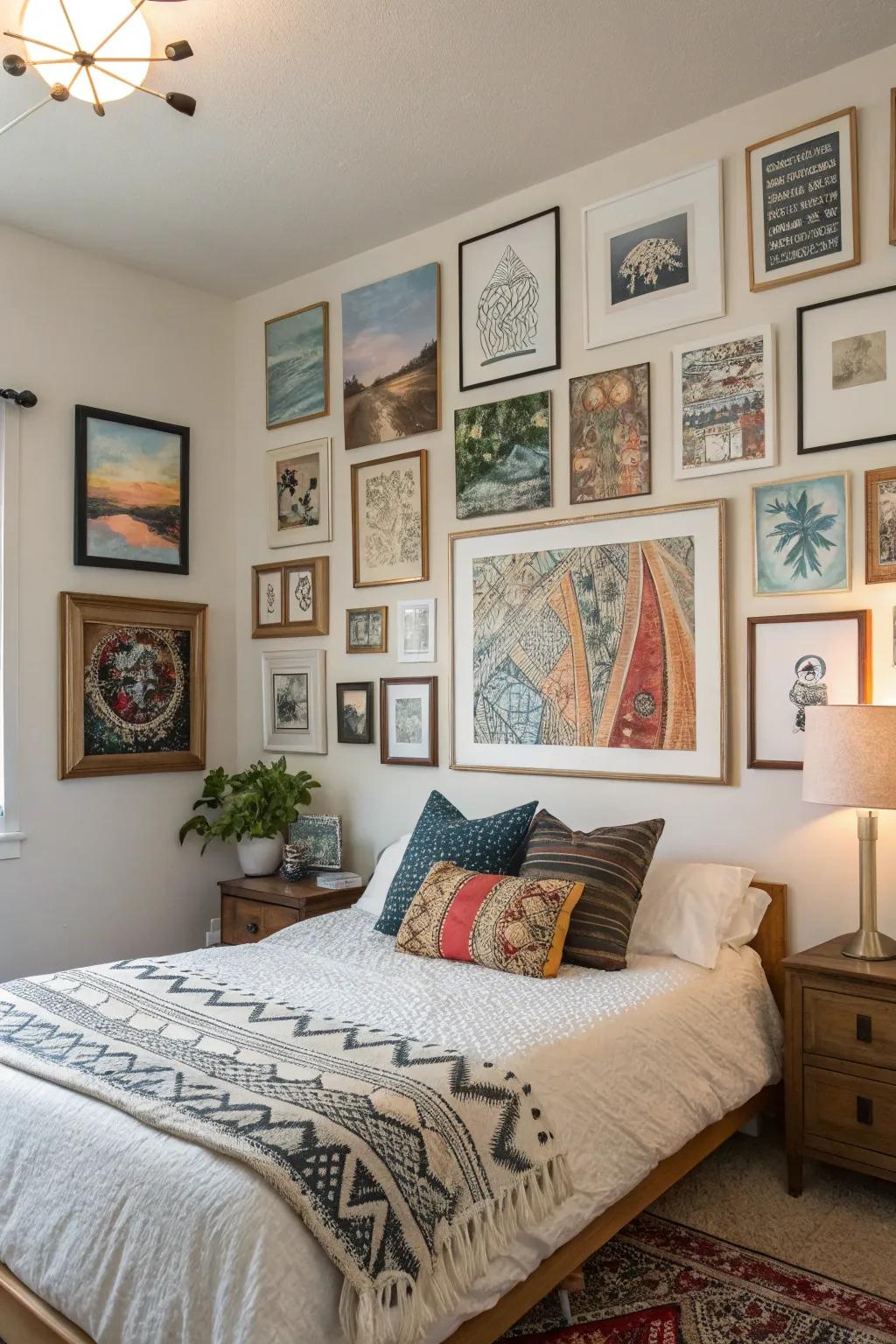 Combined mediums of art delivers a varied and vibrant touch to your bedroom.