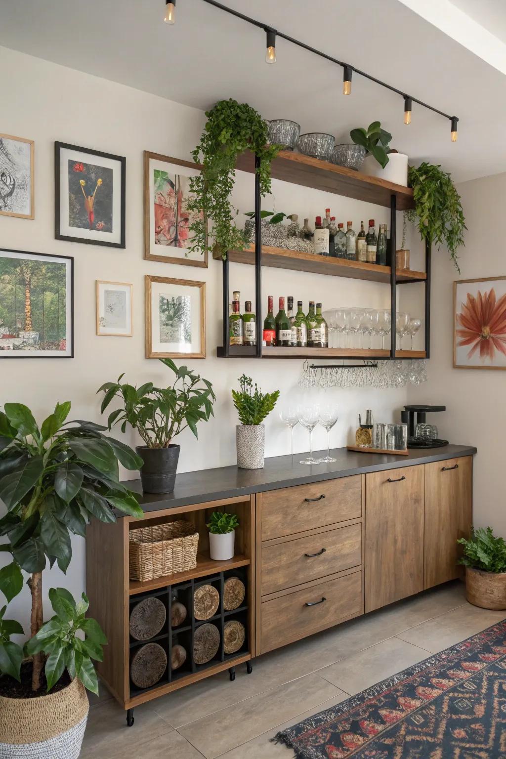 Personal embellishments via embellishing accents render your wall bar uniquely yours.
