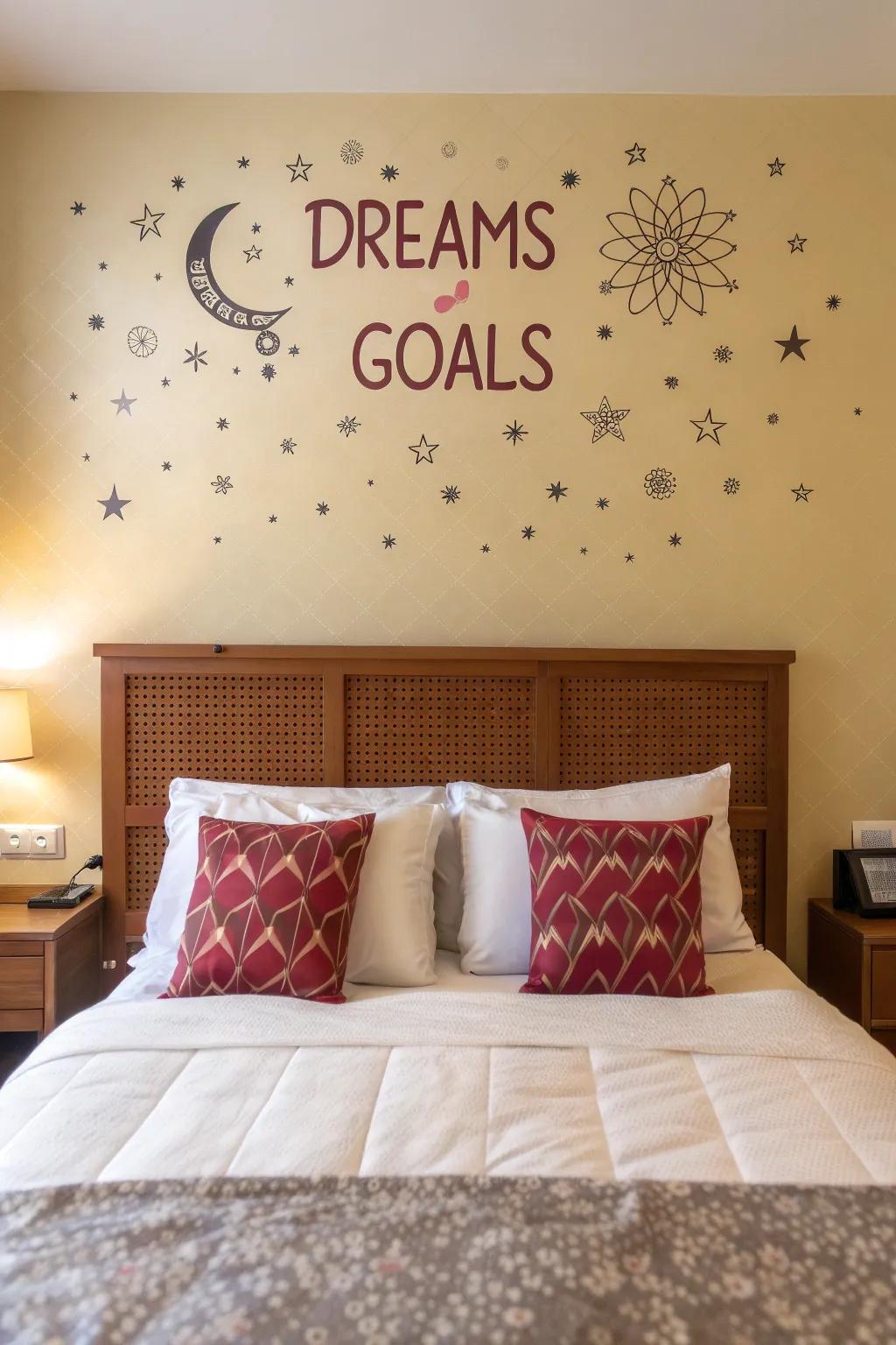 Motivational decals inspire positivity in this cozy bedroom.
