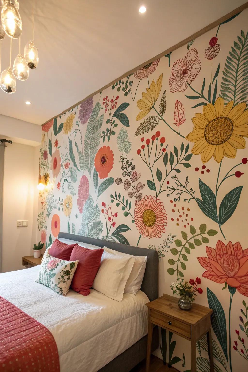 A floral mural acts as a stunning focus.