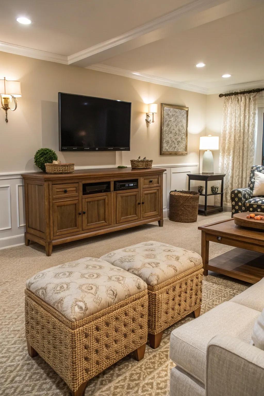 Functional furnishings enhance your TV vicinity with flair.