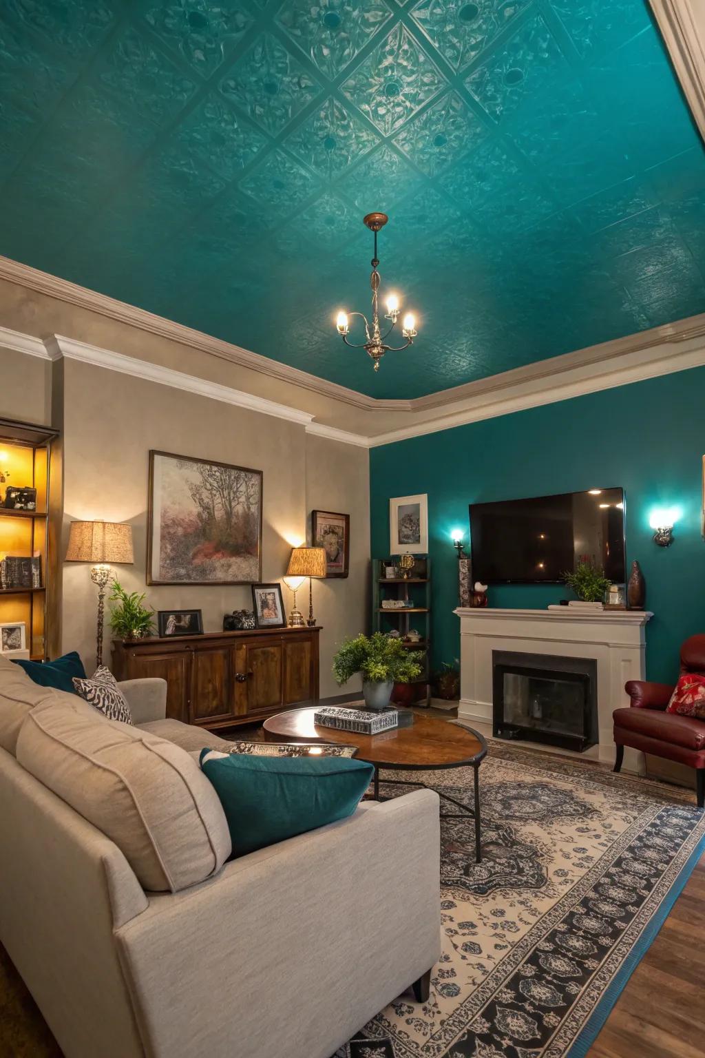A dramatic teal ceiling graces a contemporary lounge.