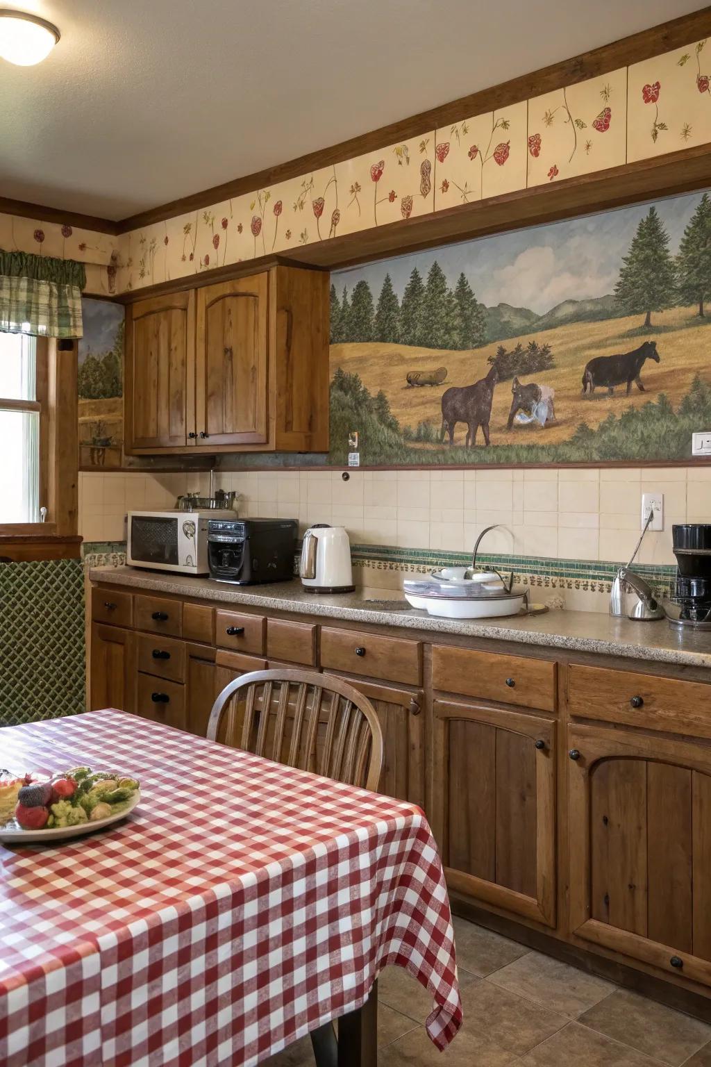 A kitchen exuding homespun harmony through an agrarian scene wallpaper border.