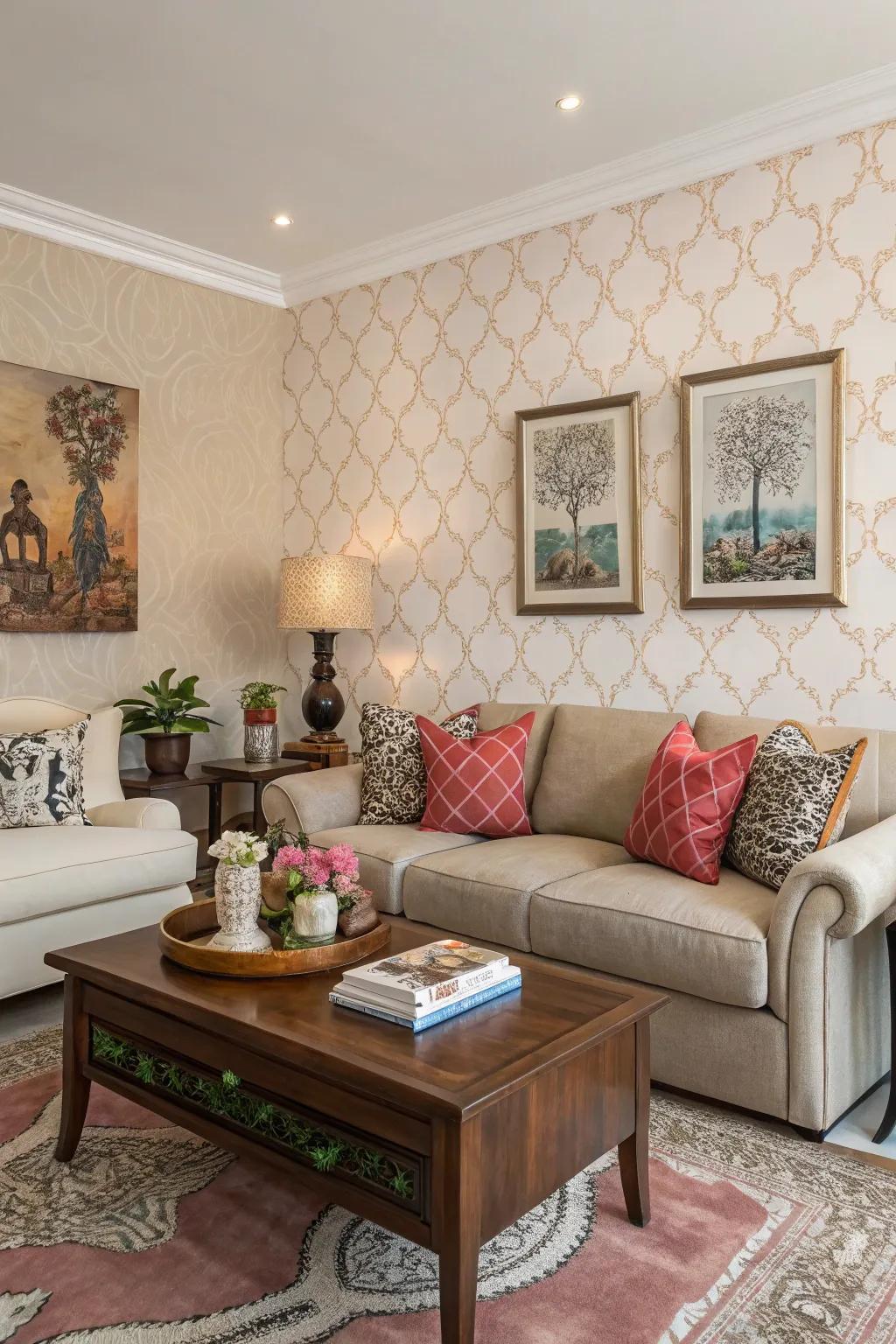Unify your decor with art pieces that elevate your wallpaper's allure.