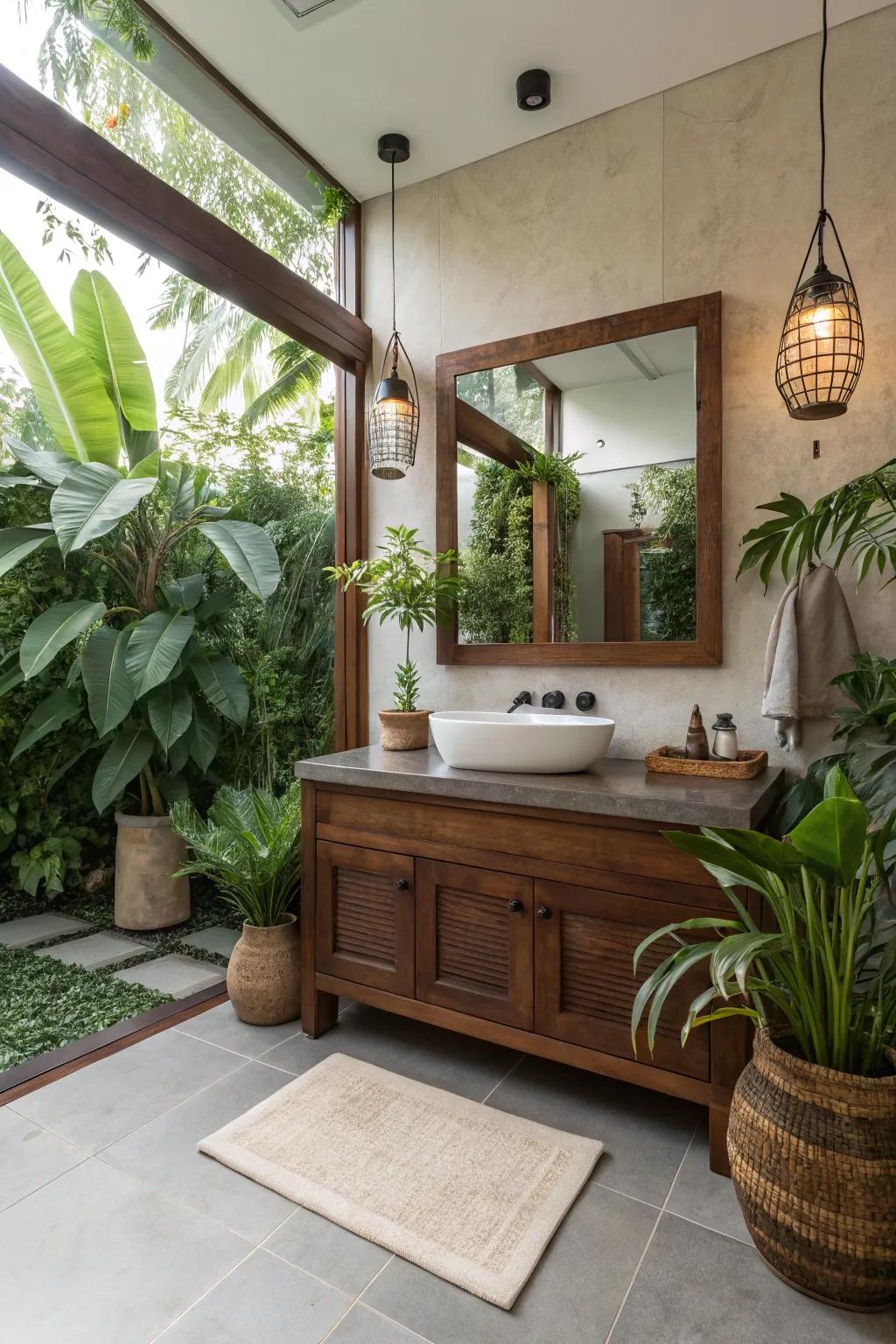 Refresh your bathroom's atmosphere with vegetation and understated decorations.