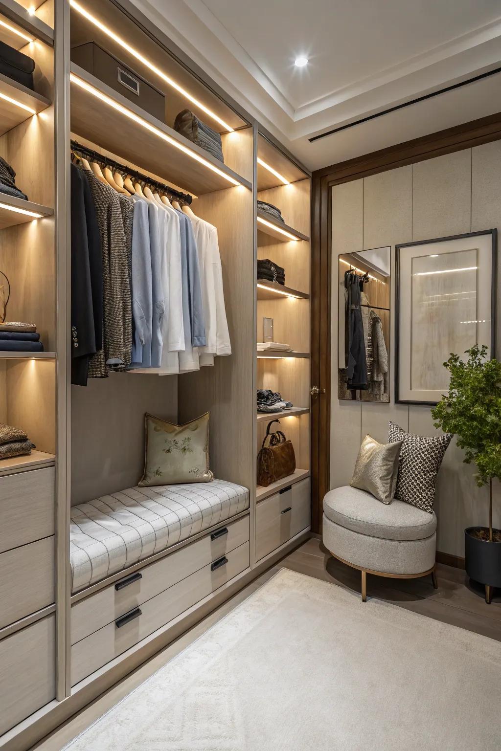A sitting space enhances functionality and comfort in closet spaces.