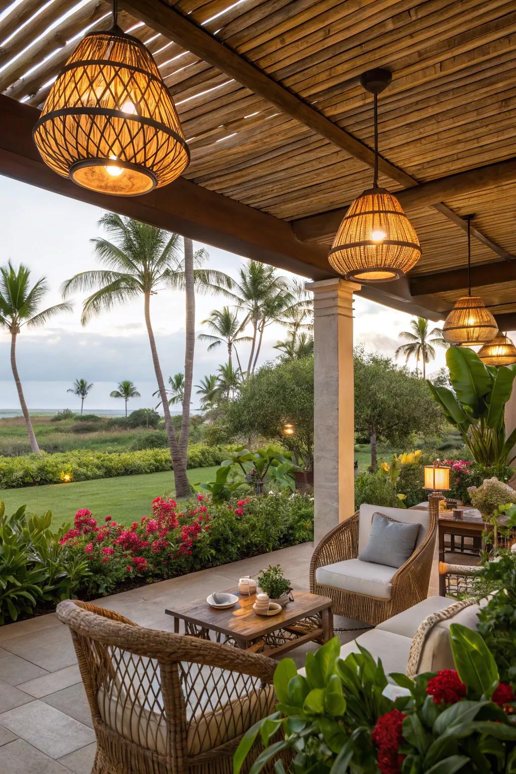 Bamboo lights amplify the tropical ambiance of your outdoor space.