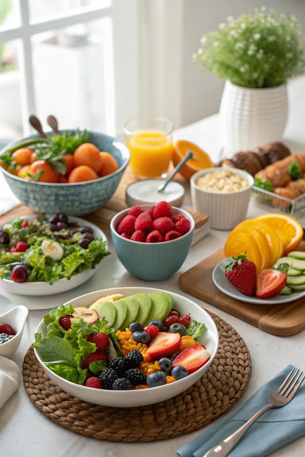 A balanced and spirited breakfast selection showcasing fresh fruits and greens.