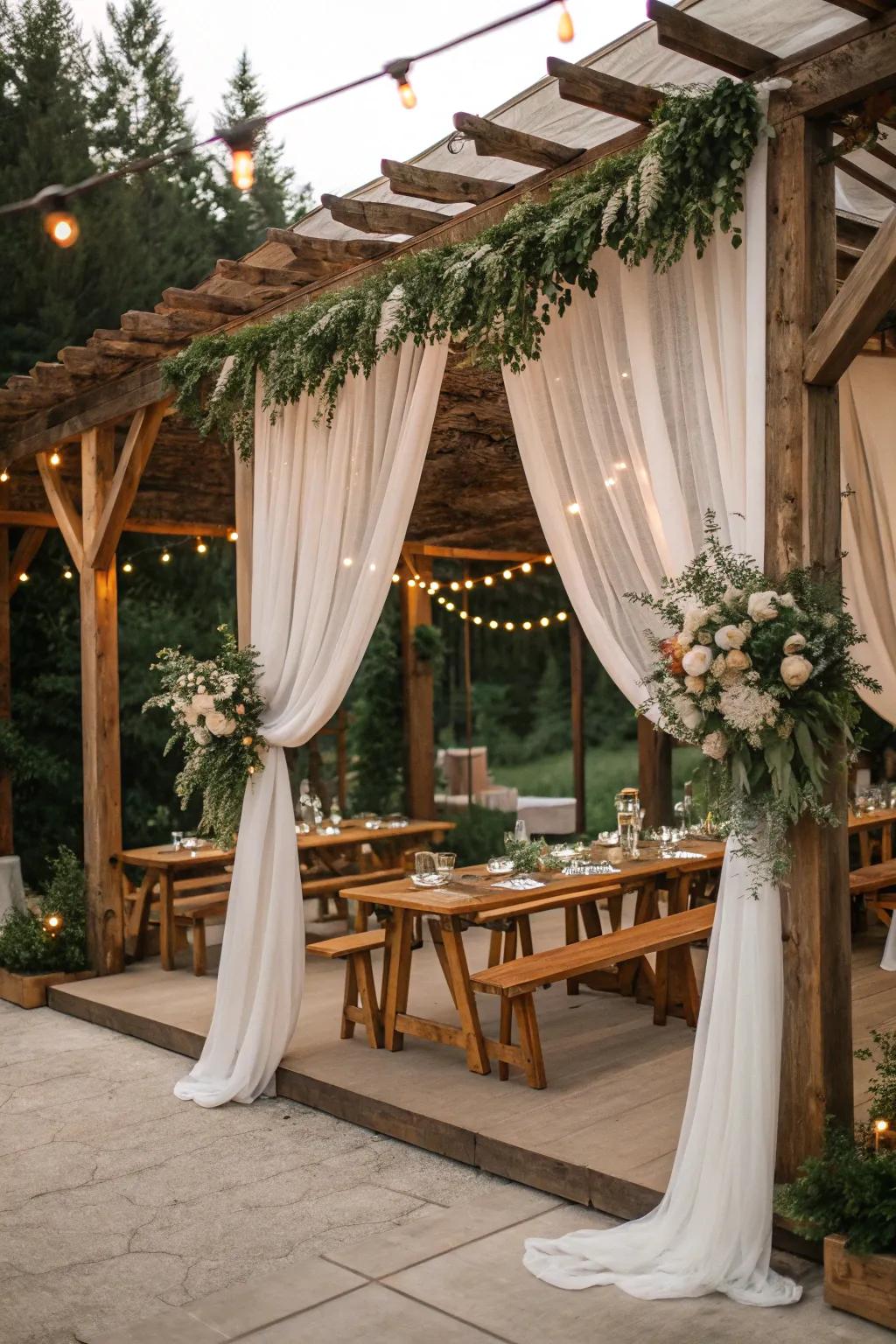 Produce unrefined charm through pairing drapery with raw lumber features.