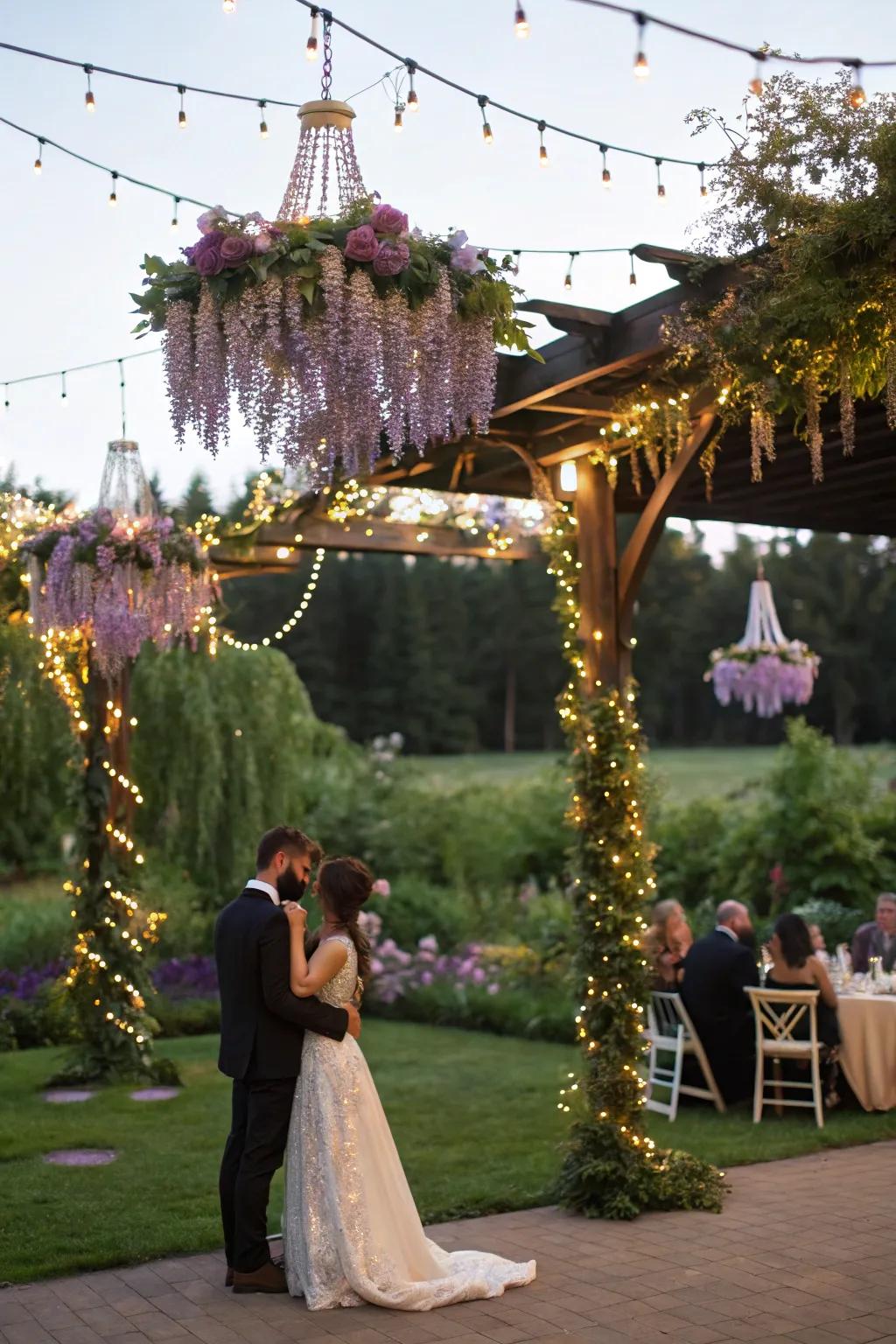 Magical exterior floral luminaries adorned with wisteria