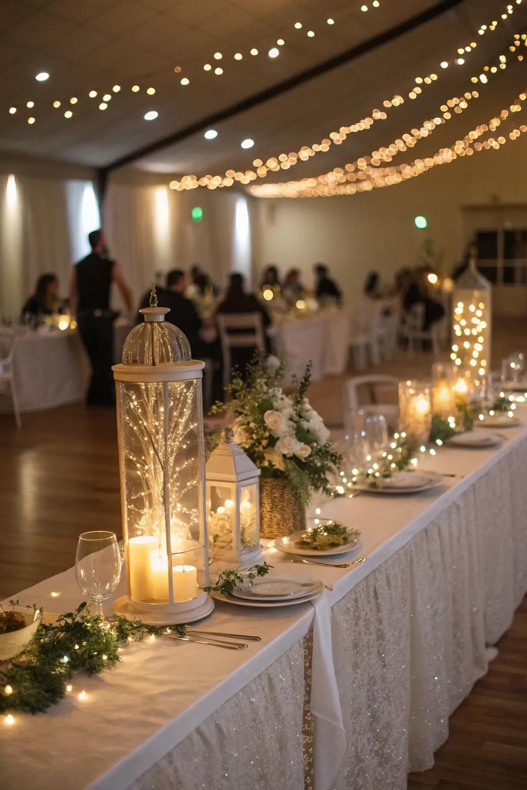 Fairy illumination shimmering across the wedding head table.