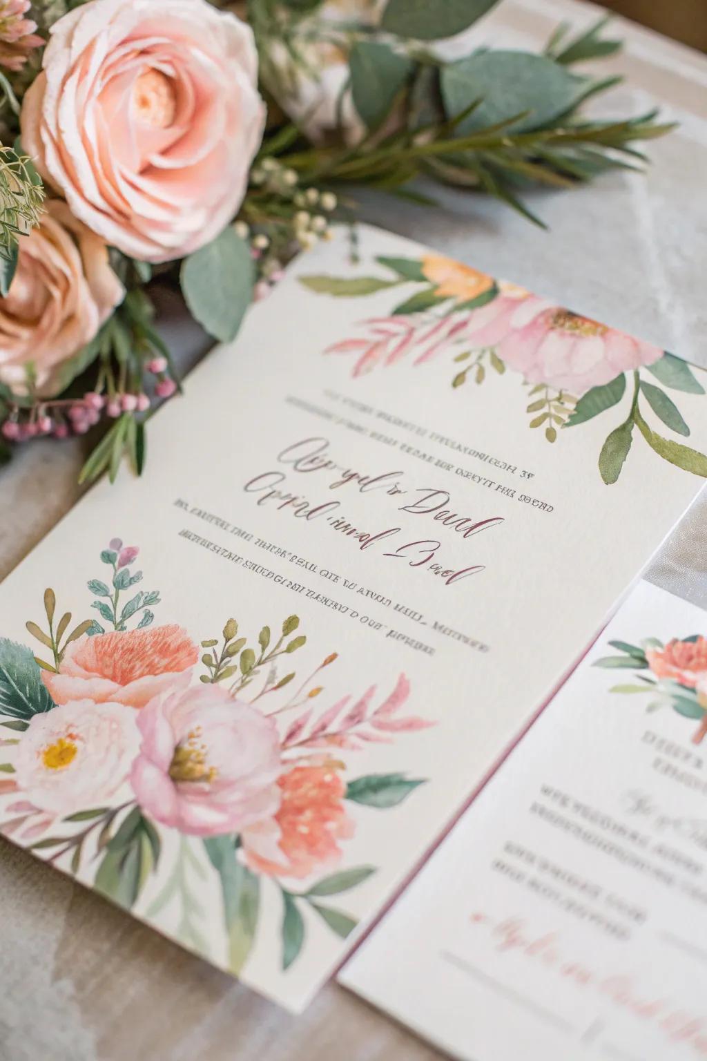 An invitation featuring watercolor botanical renderings.