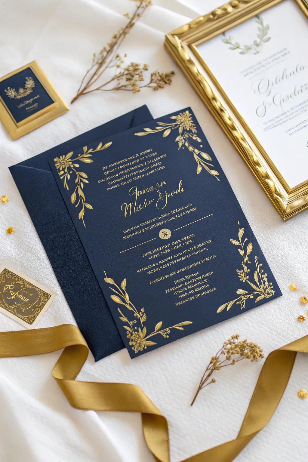 Opulent wedding announcement showcasing gleaming gilded foil accents.