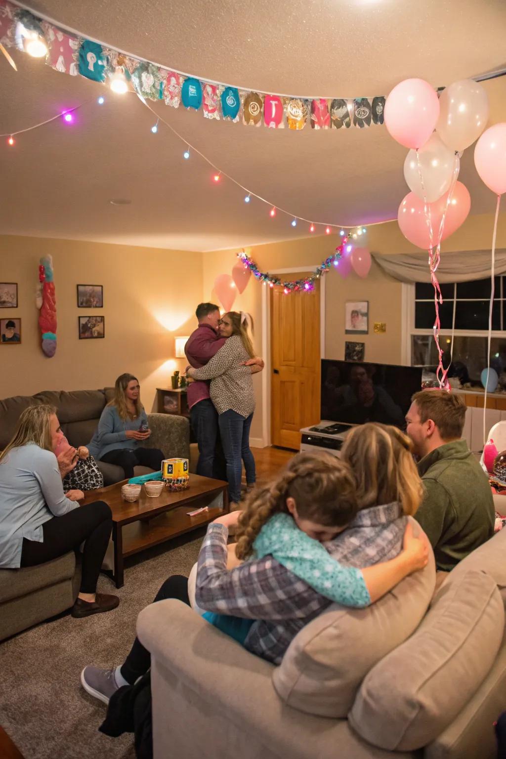 A heartfelt surprise gathering, surrounded by cherished friends and family.
