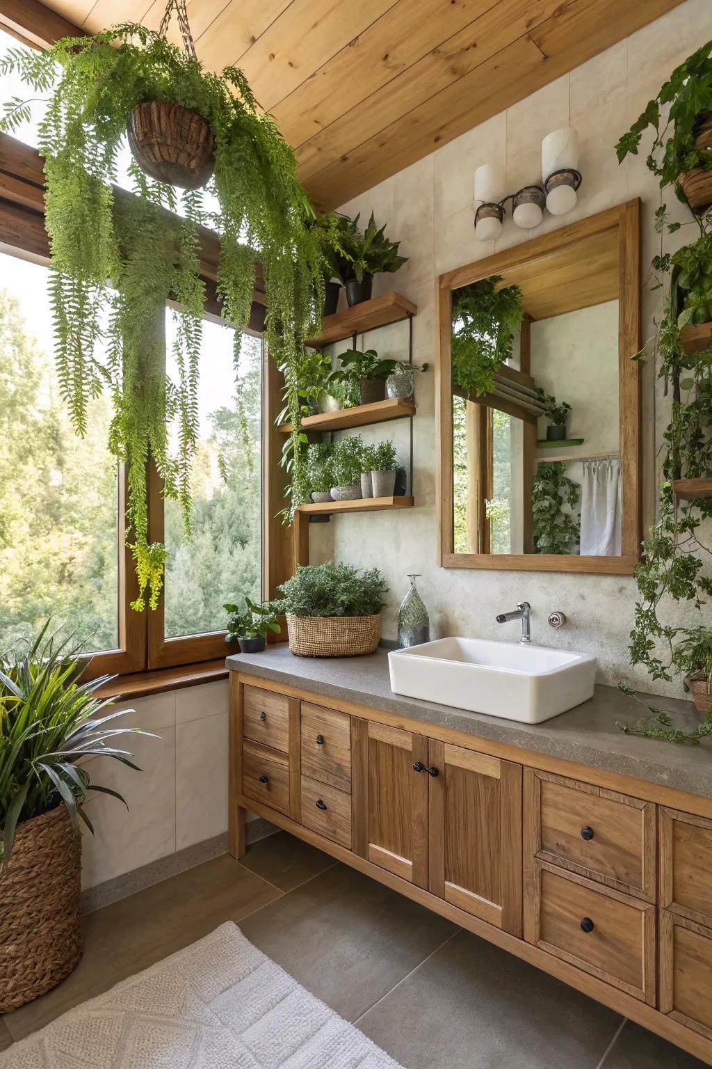 Greenery adds a lively touch to this Western-themed bathroom.