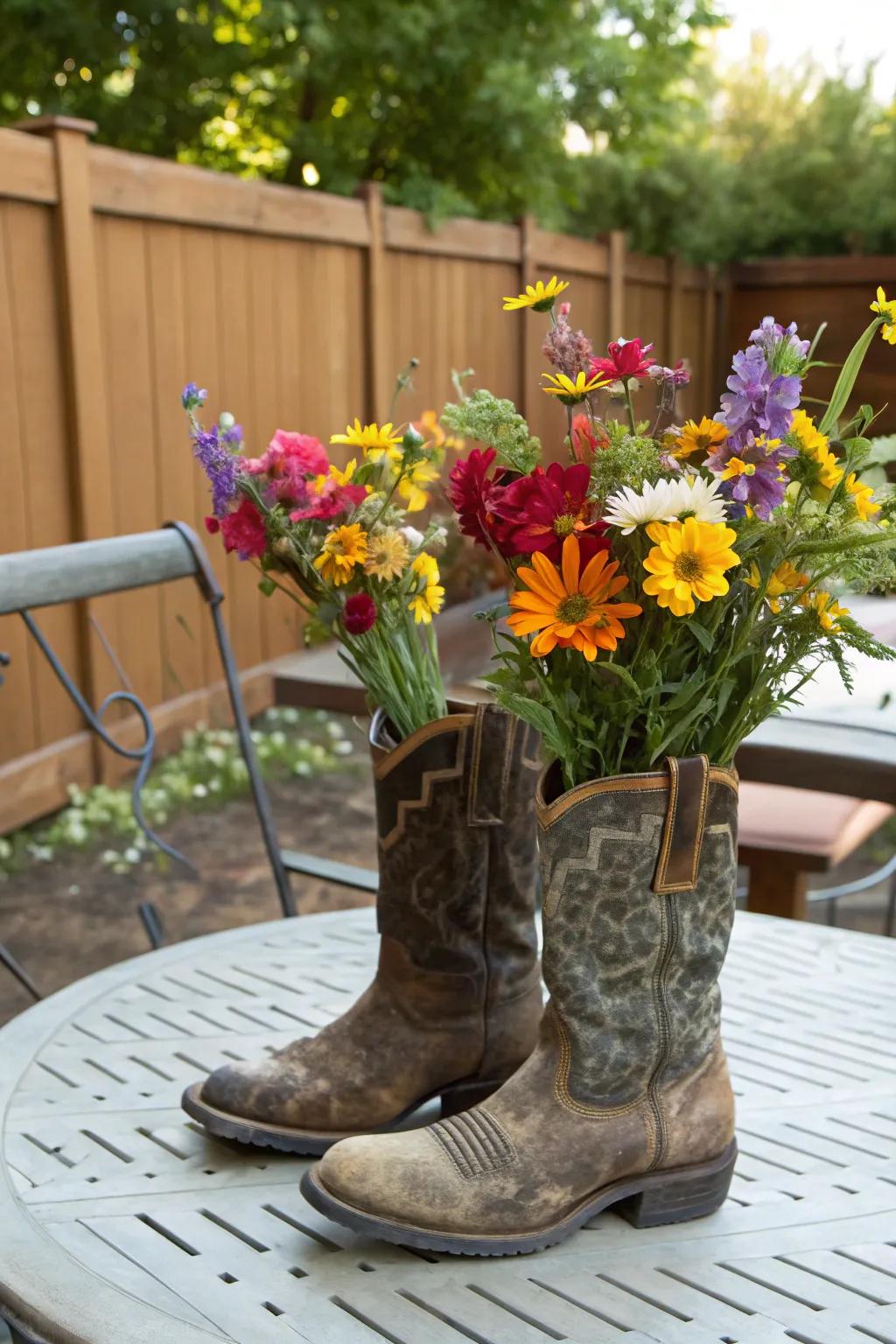 Cowboy boots repurposed as vases contribute idiosyncratic charm to your embellishments.