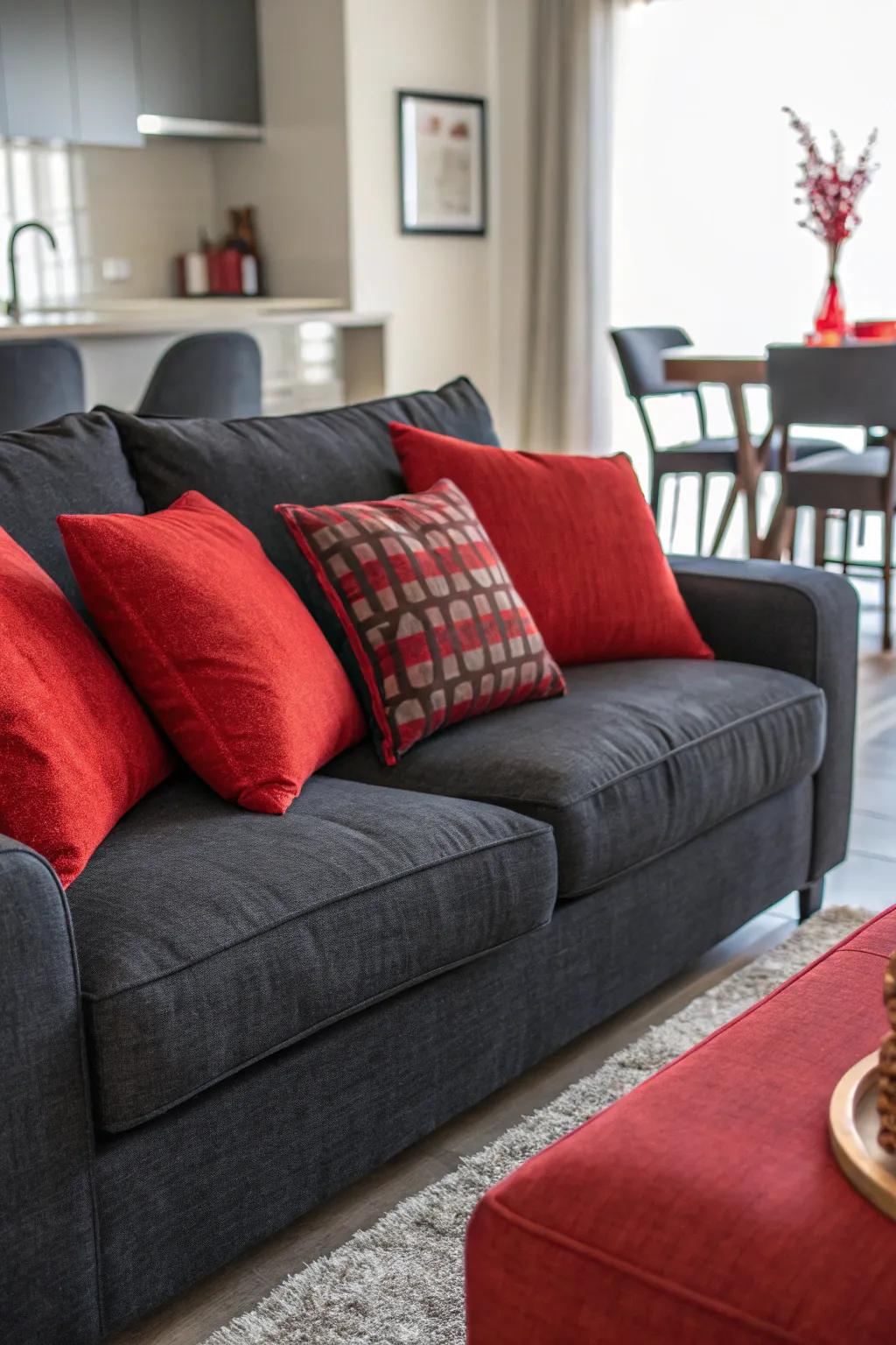 Crimson cushions create a striking focal point on the dark grey sofa.