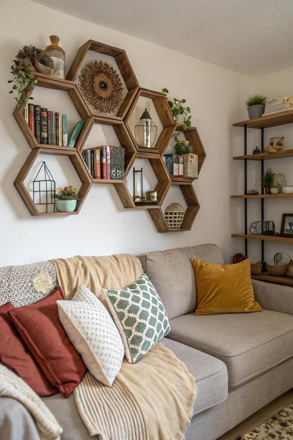 Hexagonal shelves introduce a contemporary and distinctive element.