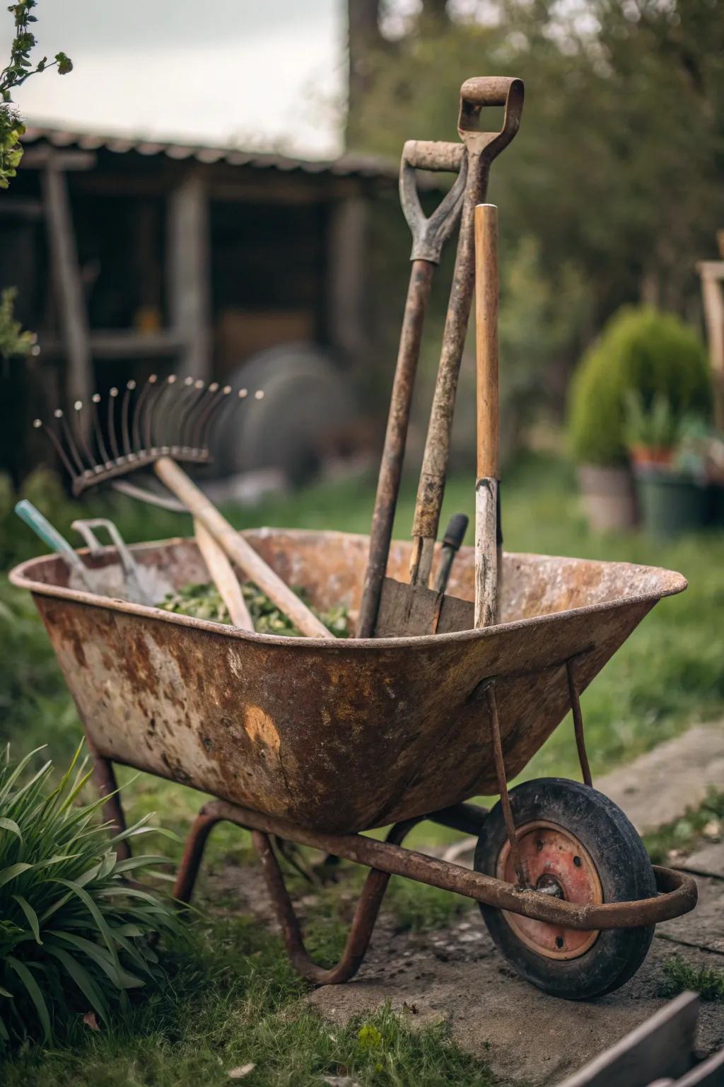 Infuse rustic charm with a tool-centric wheelbarrow display.