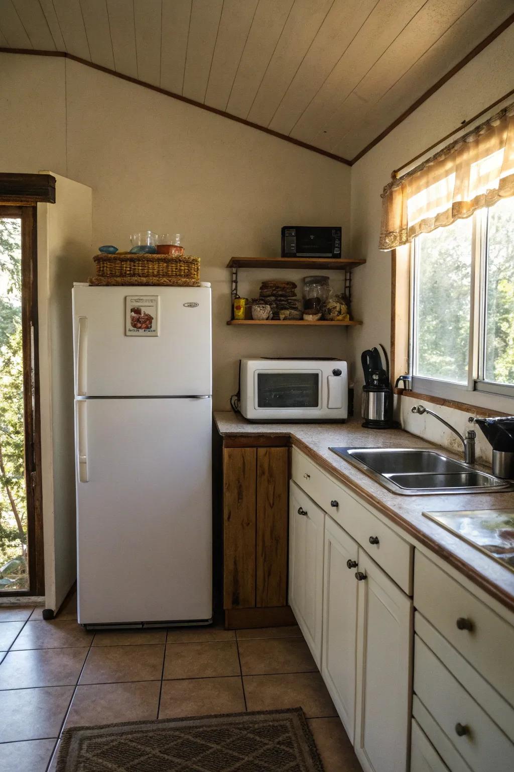 A microwave placed above the refrigerator for optimal use of space.