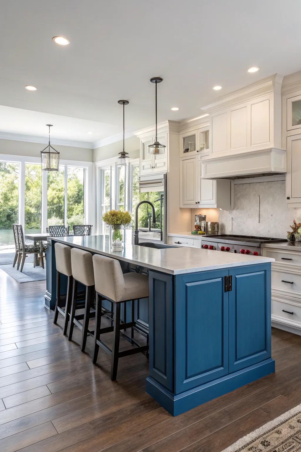 A contrasting kitchen island becomes the kitchen's focal point.