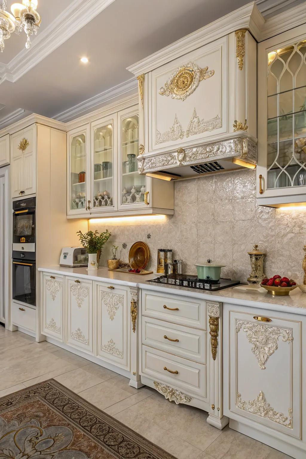 Elaborate detailing adds a classic touch to white cabinets.