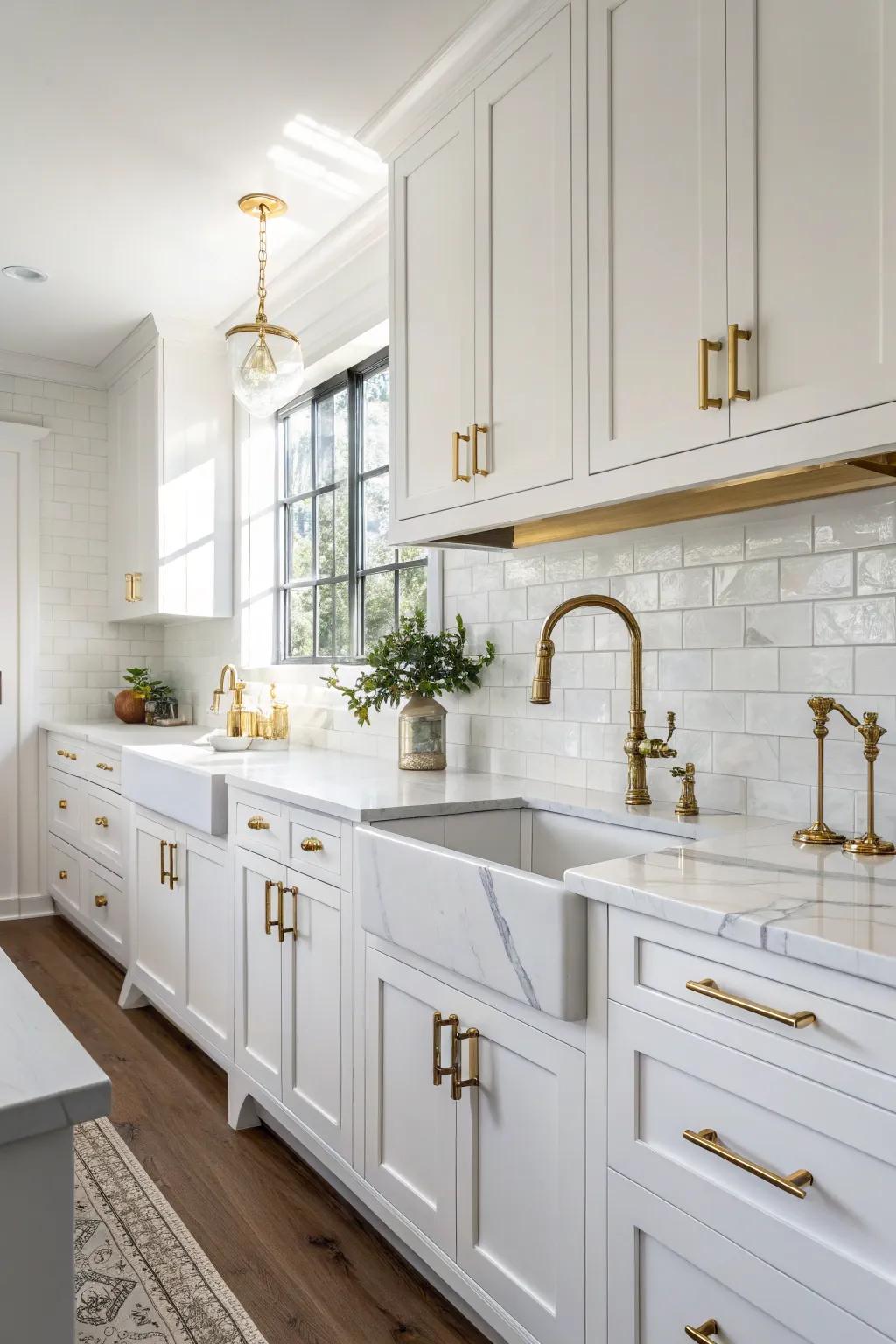 Brass hardware adds a luxurious touch to the pristine white kitchen.