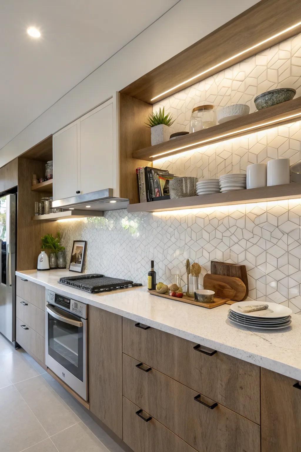 Quartz backsplash featuring a connected ledge for additional storage.