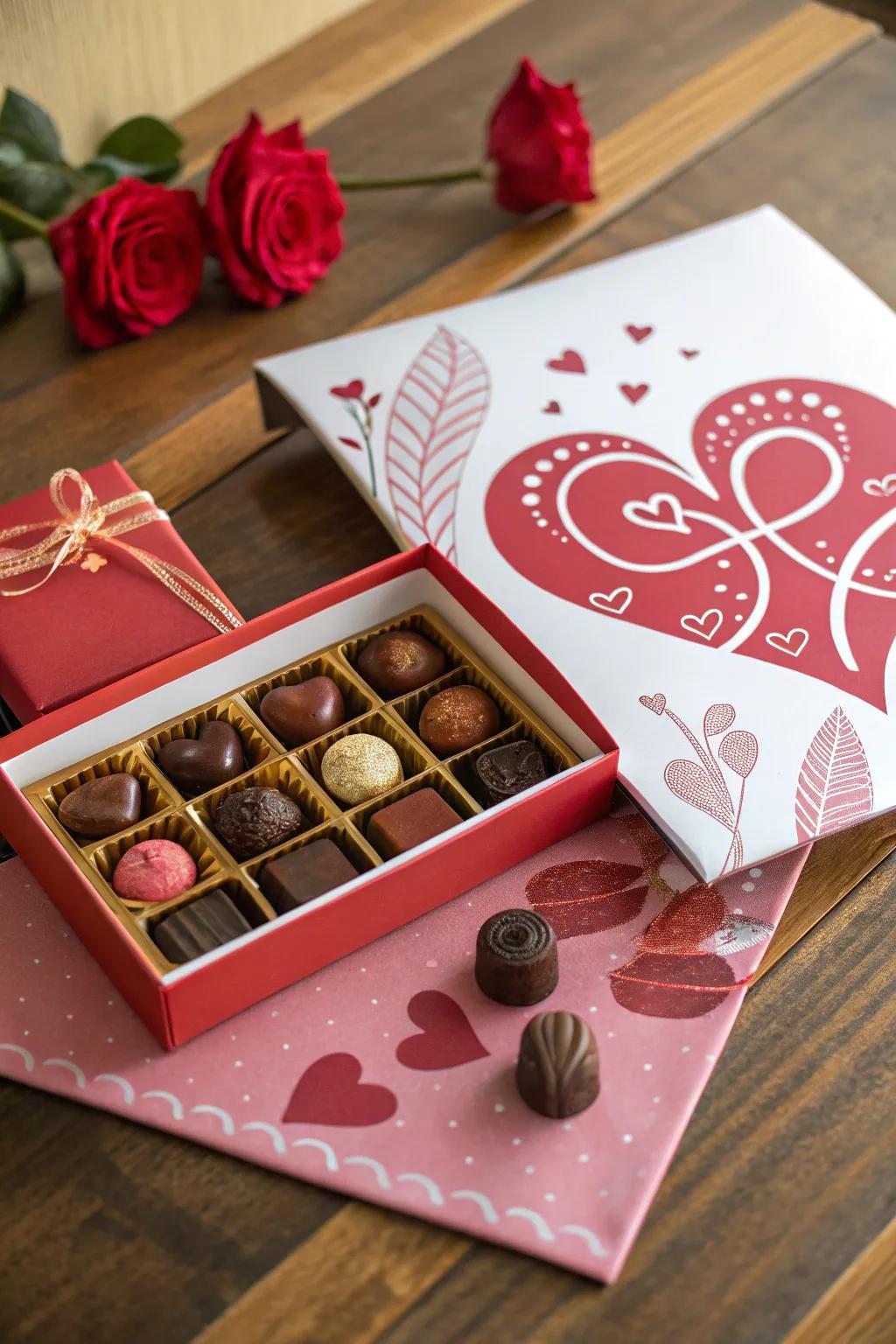 A charming Valentine's poster coupled with chocolates for a thoughtful feature.