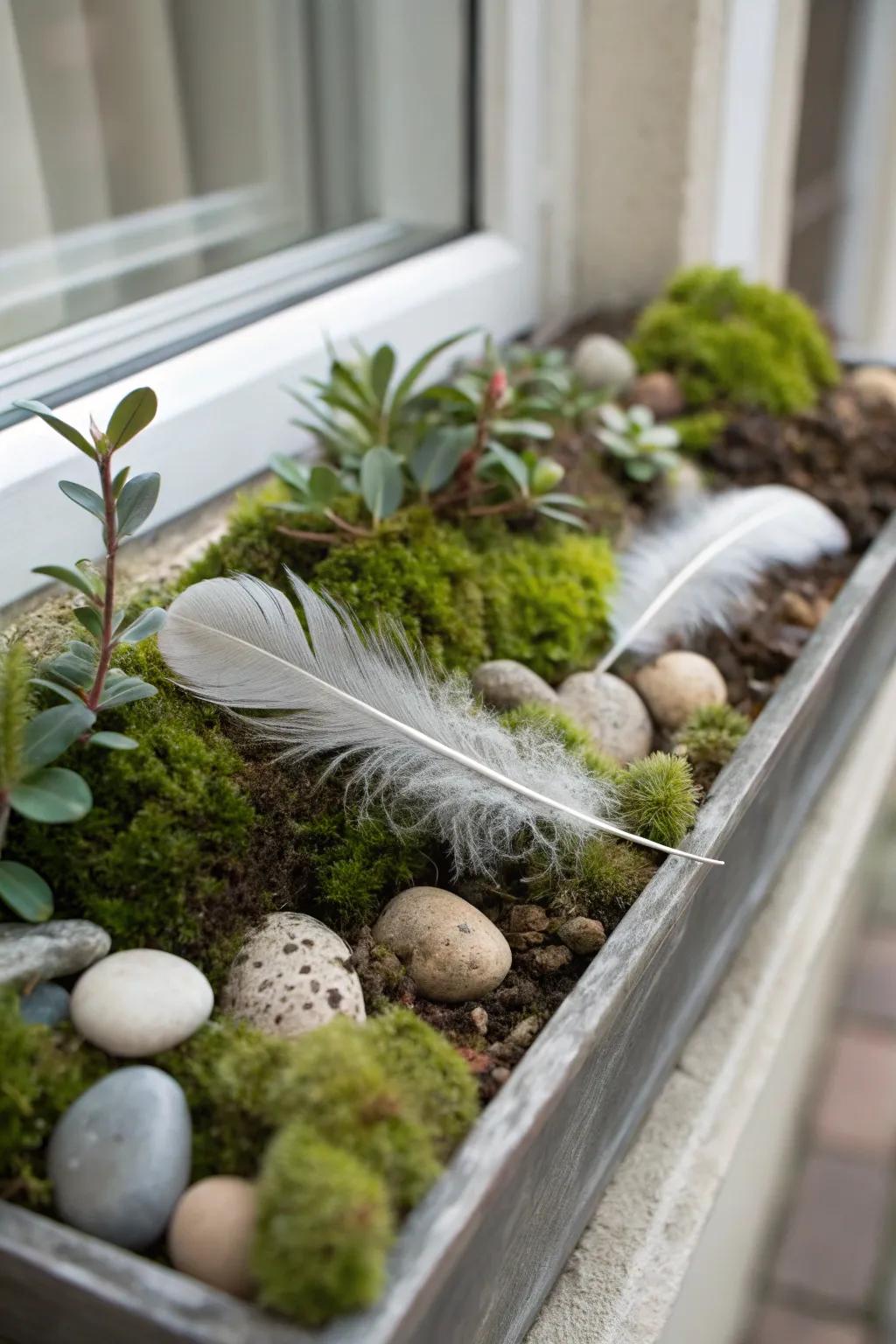 A textured delight featuring feathers and moss in a window box