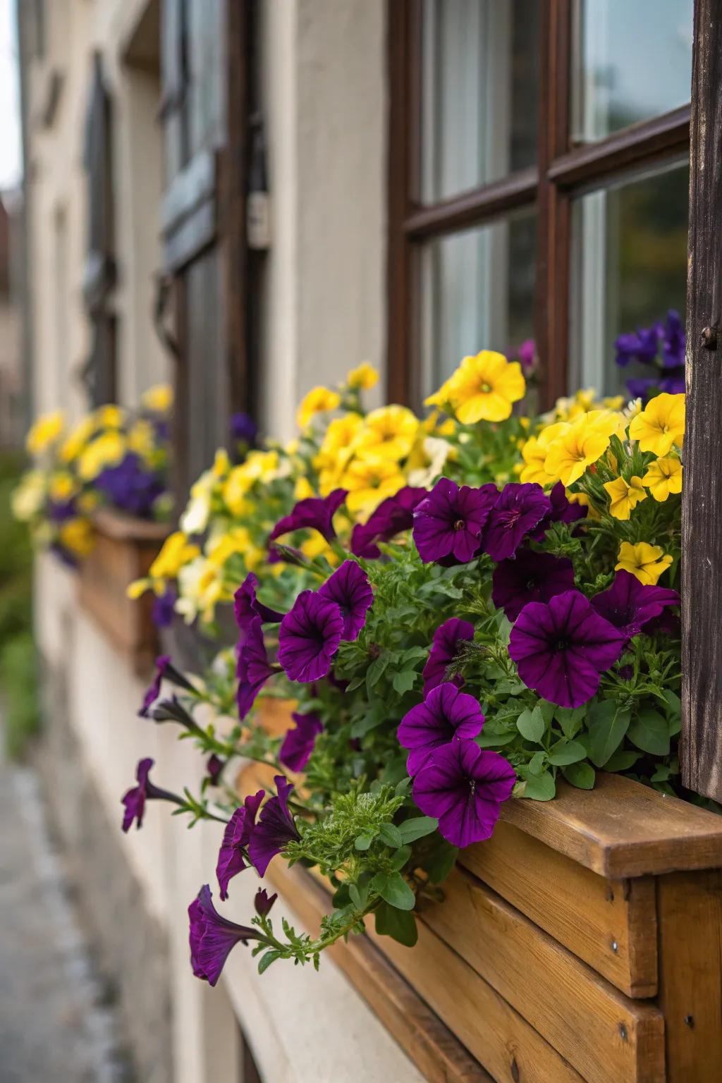 Striking contrast achieved through deep purple and yellow flowers.