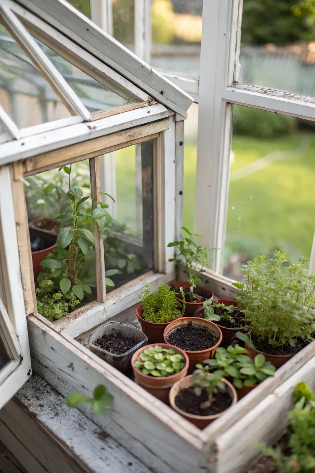 Mini greenhouses assembled from window frames nurture interior plants.