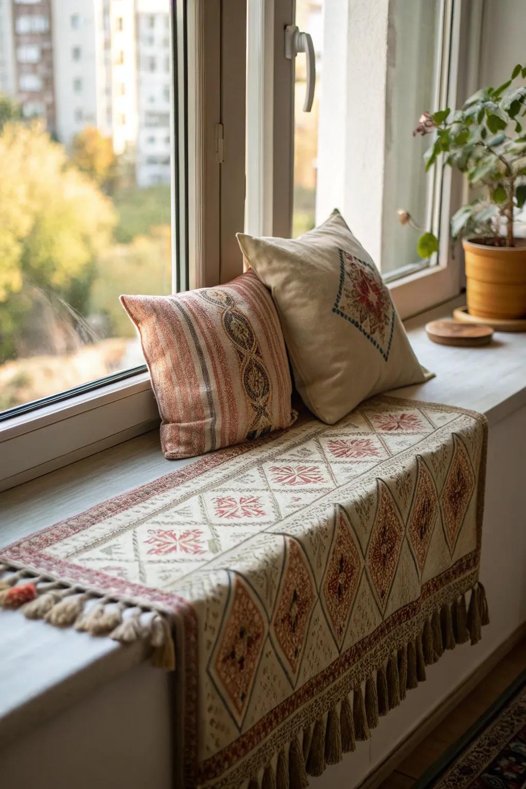 Fabrics contribute warmth and dimension to this window sill.