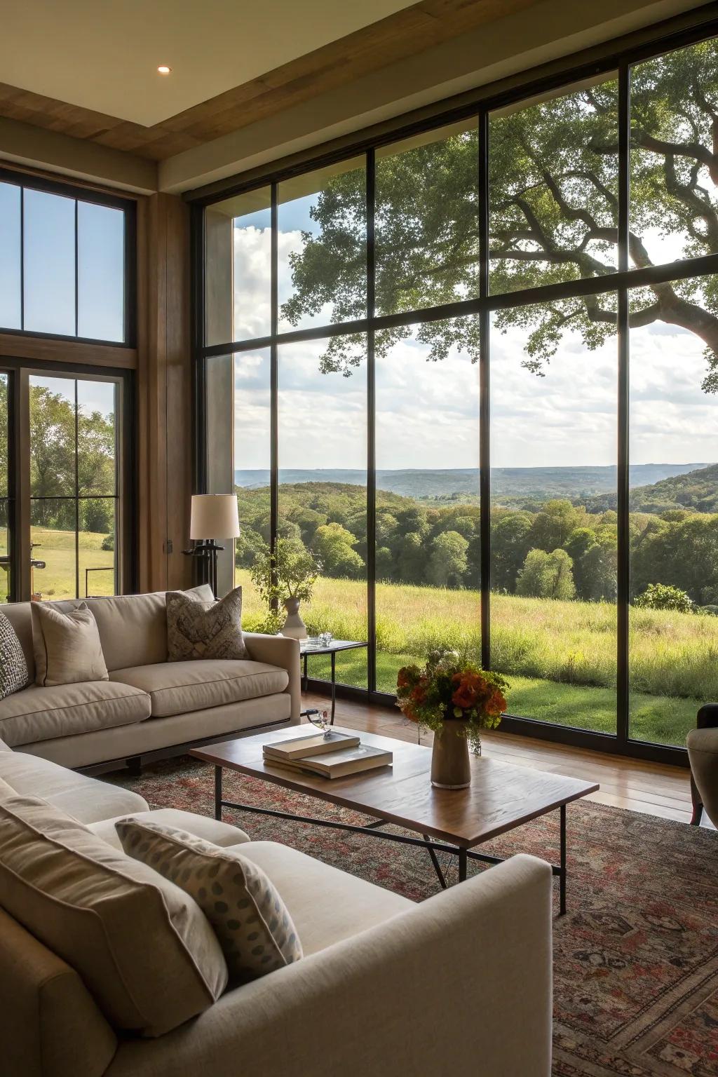 Ground-to-ceiling windows proffer breathtaking panoramas and plentiful natural illumination.