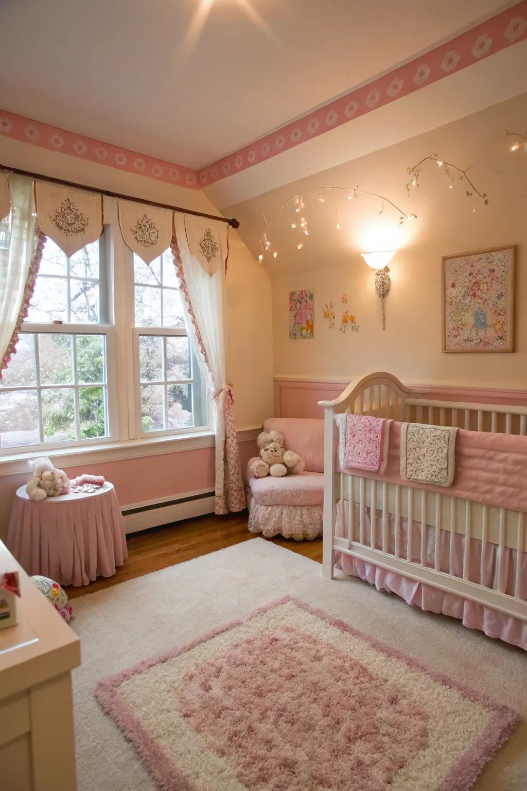 Gentle rose trim gives a sentimental impression to a child's space.